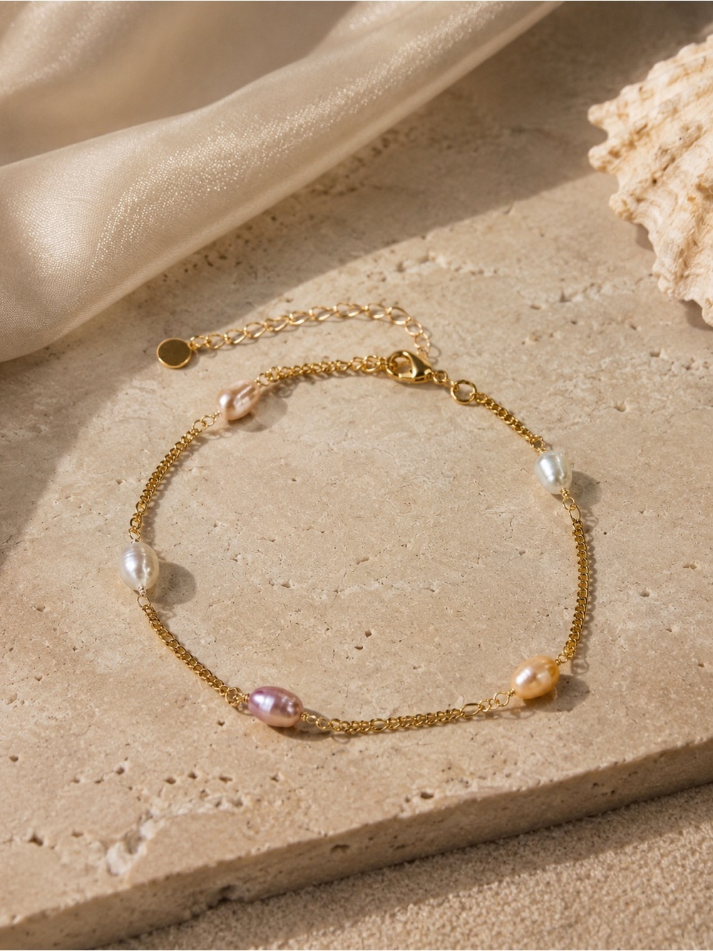 18K Gold Freshwater Pearl Stations Ankle Bracelet - Multicolor